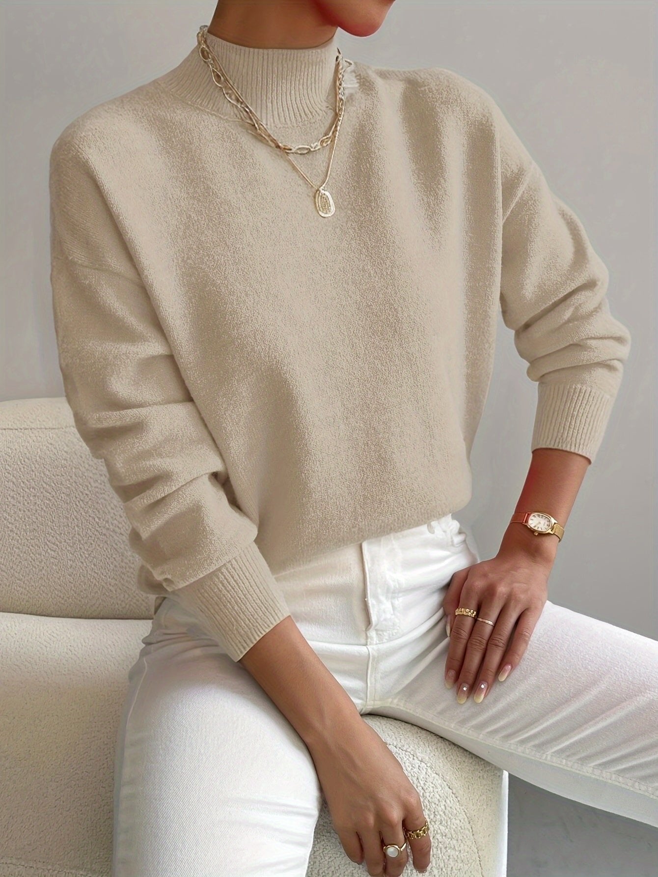 Comfortable Mock Neck Sweater for Women with Long Sleeve Relaxed Oversized Knit Style