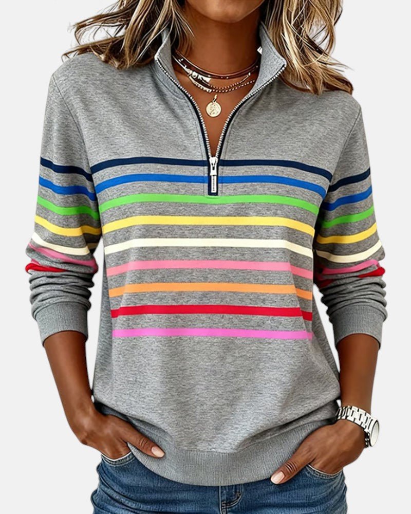 Comfortable Rainbow Striped Sweatshirt for Women with Quarter Zip Collar Long Sleeve Relaxed Knit Style