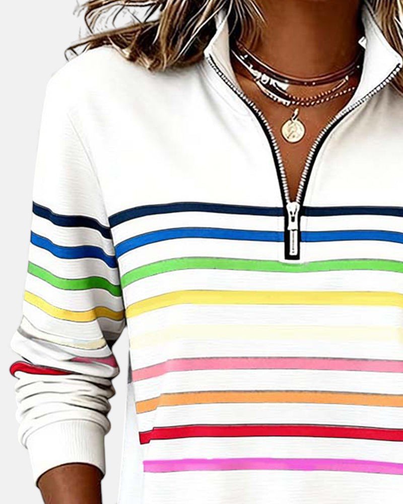 Comfortable Rainbow Striped Sweatshirt for Women with Quarter Zip Collar Long Sleeve Relaxed Knit Style