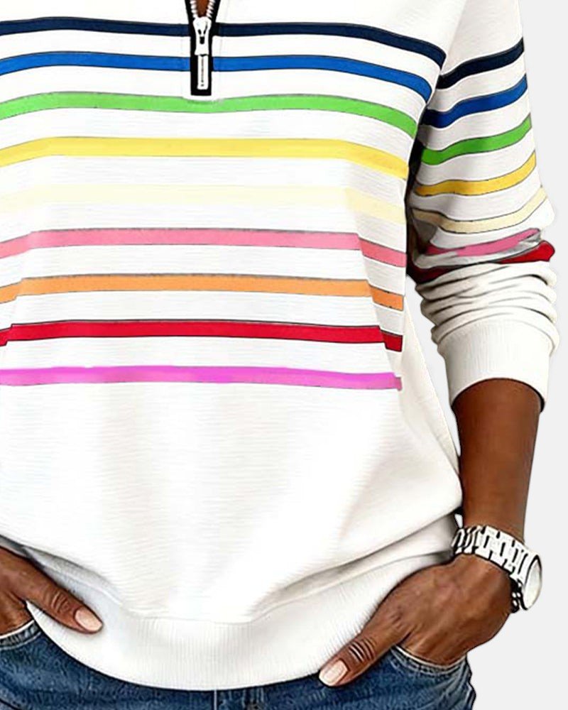 Comfortable Rainbow Striped Sweatshirt for Women with Quarter Zip Collar Long Sleeve Relaxed Knit Style