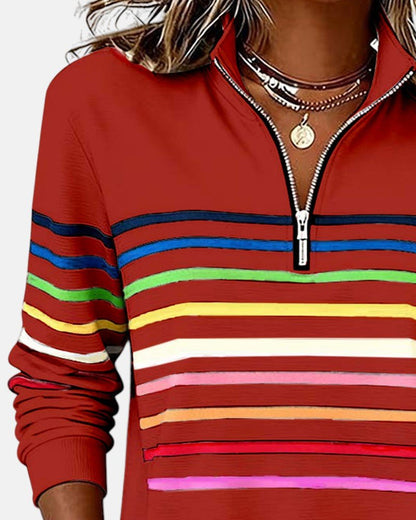 Comfortable Rainbow Striped Sweatshirt for Women with Quarter Zip Collar Long Sleeve Relaxed Knit Style