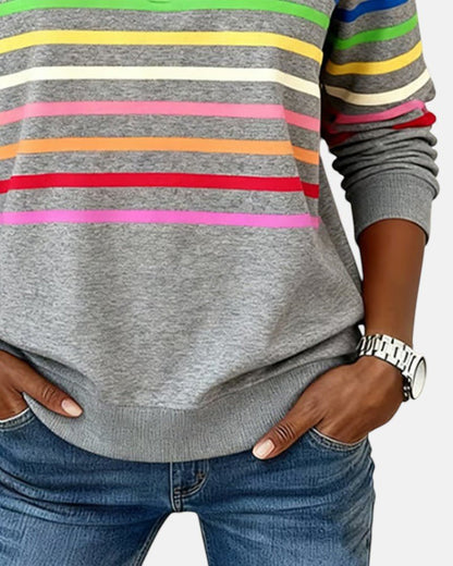Comfortable Rainbow Striped Sweatshirt for Women with Quarter Zip Collar Long Sleeve Relaxed Knit Style