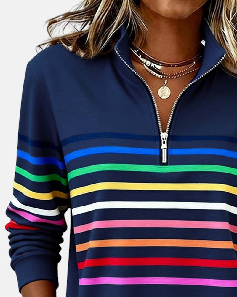Comfortable Rainbow Striped Sweatshirt for Women with Quarter Zip Collar Long Sleeve Relaxed Knit Style
