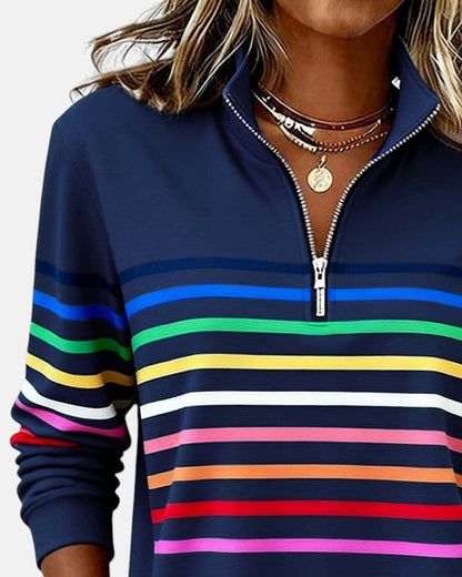 Comfortable Rainbow Striped Sweatshirt for Women with Quarter Zip Collar Long Sleeve Relaxed Knit Style
