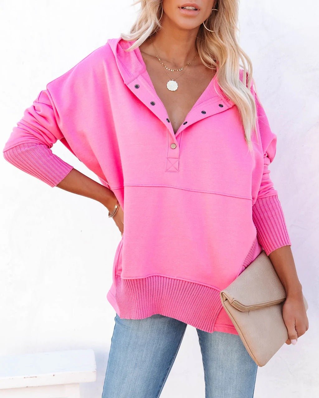 Effortless Oversized Hoodie for Women with Snap Button Placket Long Sleeve Ribbed Cuff Relaxed Knit Style