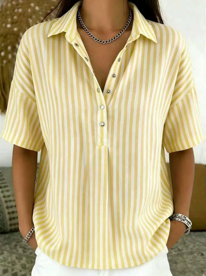 Effortless Striped Blouse for Women with Collar Short Sleeve Button Front Relaxed Style
