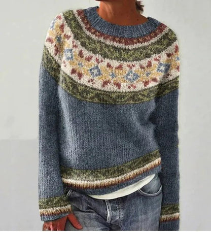 Comfortable Fair Isle Sweater for Women with Round Neck Long Sleeve Relaxed Oversized Knit Style