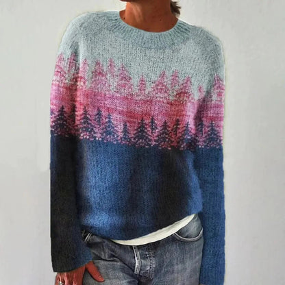Comfortable Fair Isle Sweater for Women with Round Neck Long Sleeve Relaxed Oversized Knit Style