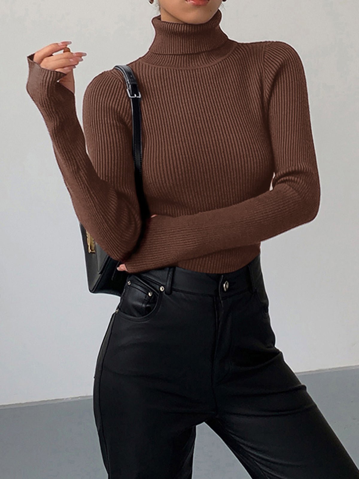 Comfortable Ribbed Knit Sweater for Women with Turtleneck Long Sleeve Fitted Slim Casual Style