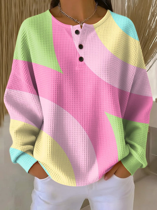 Effortless Pink Colorblock Waffle Knit Top for Women with Henley Neck Long Sleeve Oversized Relaxed Style