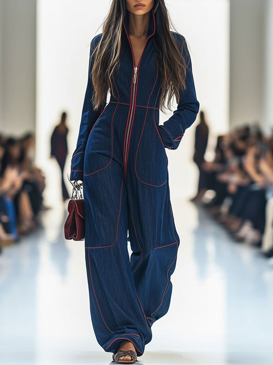 Elegant Dark Blue Denim Jumpsuit for Women with Mock Neck Zip Front Wide Leg Long Sleeve Style