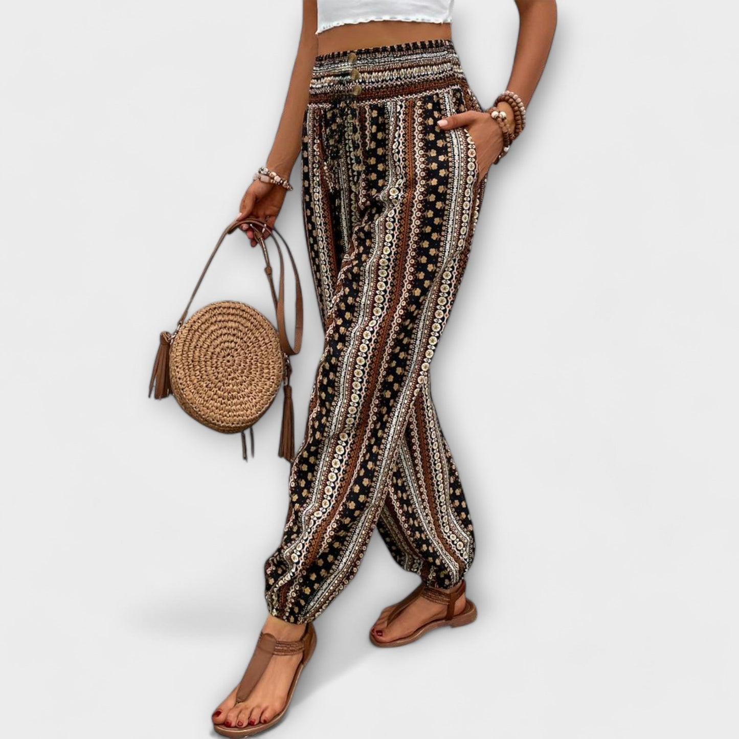 Effortless Boho Print Wide Leg Pants for Women with High Waist Button Front Tapered Ankle Relaxed Style